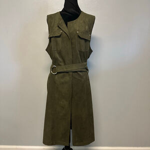 Women's Chico's Olive Green Suede open belted trench coat vest wrap dress Size 2